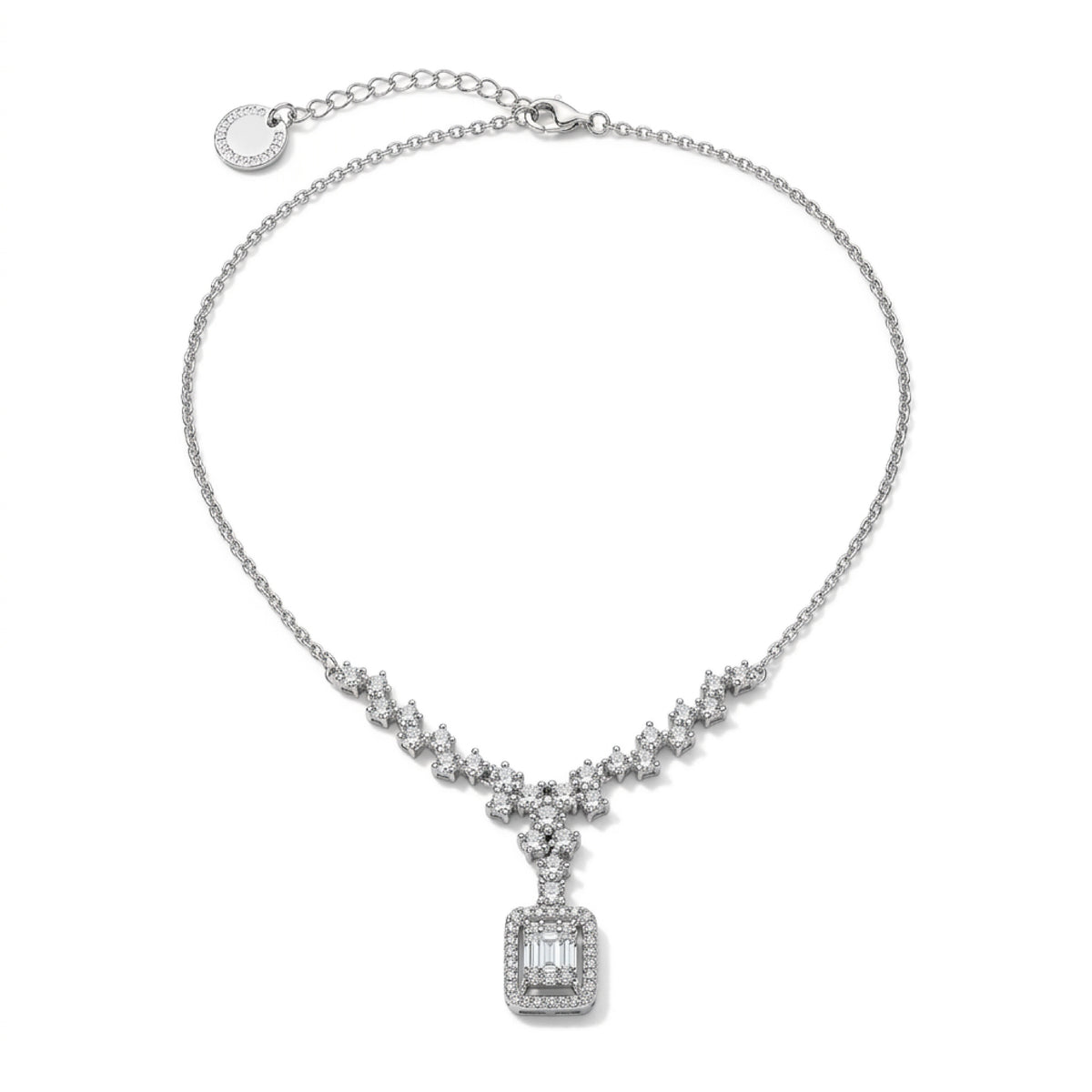 Silver Emerald-Cut Halo Necklace